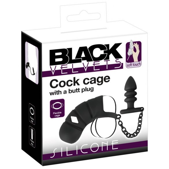 Black Velvet - Silikon Peniszkäfig mit Anal-Dildo (Schwarz) 