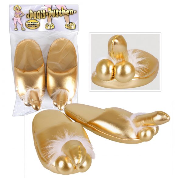 Goldene Pantoffeln mit Penisdesign