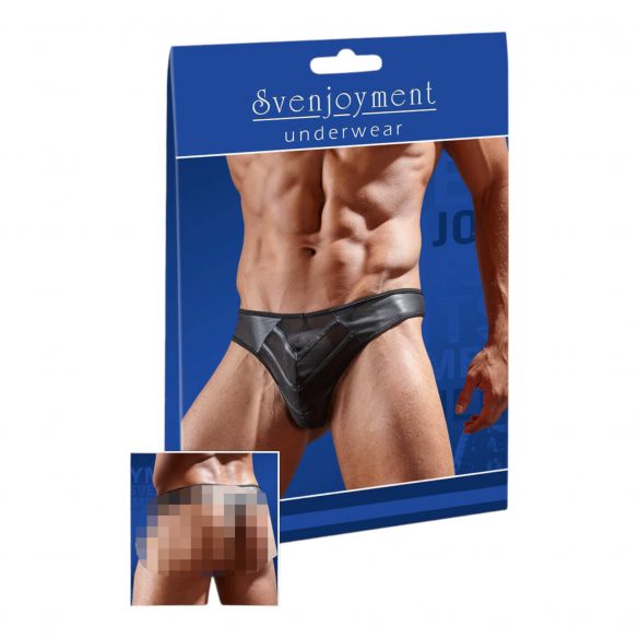 Glänzender Herren-Tanga mit transparentem Einsatz (Schwarz)  - XL