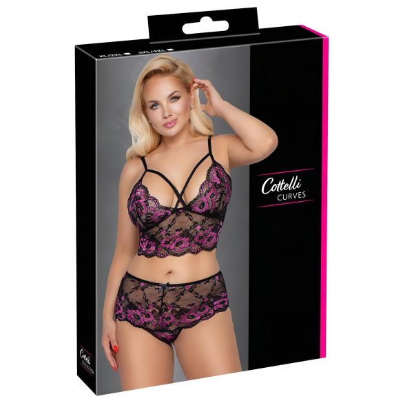 Cottelli Plus Size - Blumiges BH-Set (Schwarz-Lila) 