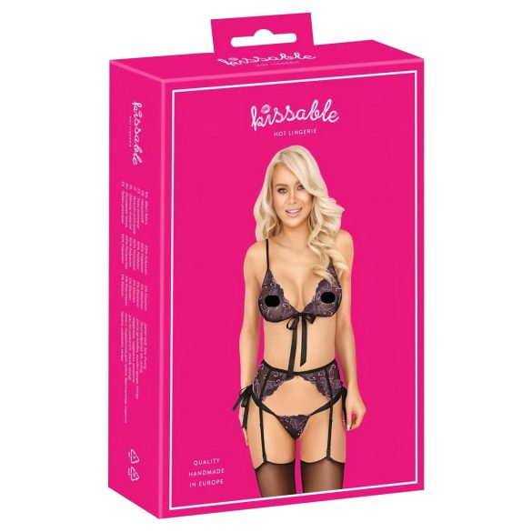 Kissable - schwarz, mit pink-lila Stickerei BH-Set 