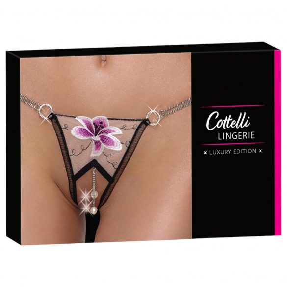 Cottelli - Luxus, bestickter Lilien-Tanga (schwarz-weiß)