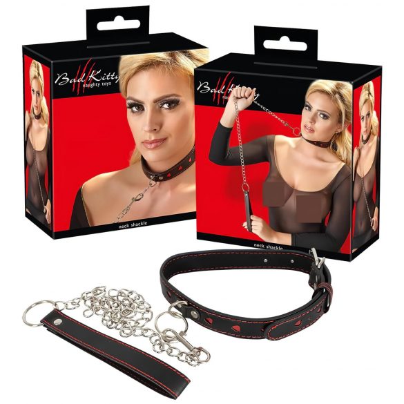 Bad Kitty - Herz-Halsband mit Metallleine (schwarz-rot)