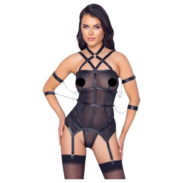 Cottelli Bondage - Halsband Top mit Handschellen und Tanga (schwarz) 