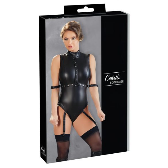 Cottelli Bondage - Ärmelloser Glanzbody mit Handfesseln (Schwarz) - M