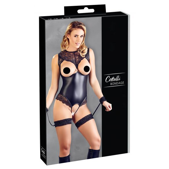 Cottelli Bondage - Glänzender offener Body mit Handschellen (schwarz)  - L