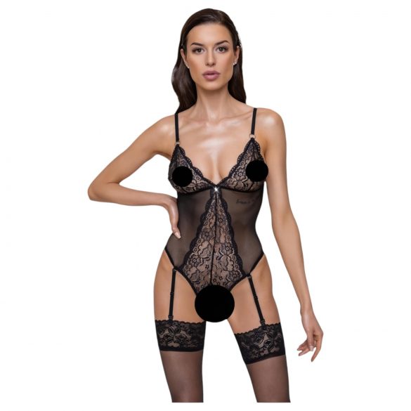 Cottelli - Spitzen-Body mit Strumpfhaltern, offen (Schwarz) - L