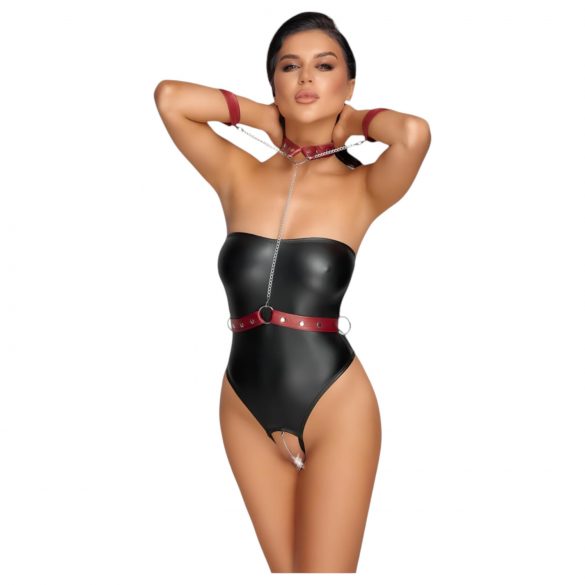 Cottelli Bondage – glänzender Body mit Armfesseln (schwarz-rot) - L