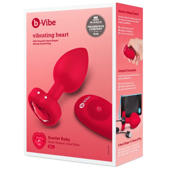 b-vibe Herz - aufladbarer, funkgesteuerter Anus-Vibrator (rot) 